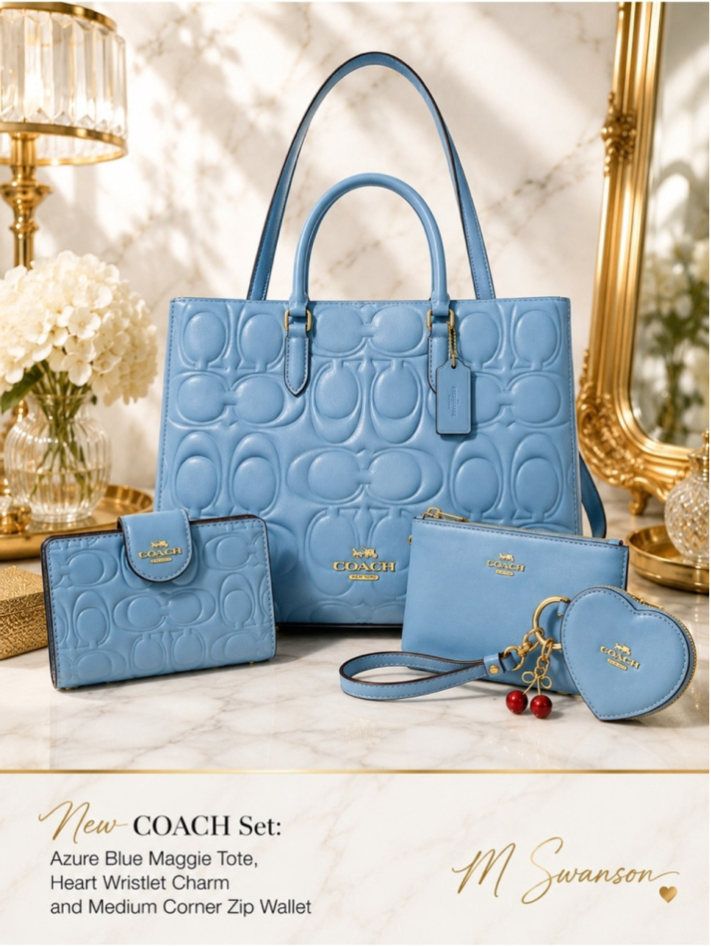 NEW Coach Maggie Tote Bag Azure Blue Signature Leather + wallet + wristlet NWT